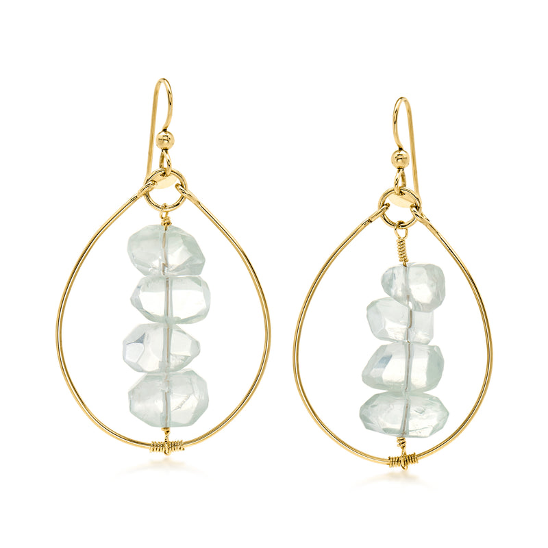 10kt yellow gold drop earrings with teardrop hoops and faceted light green quartz beads