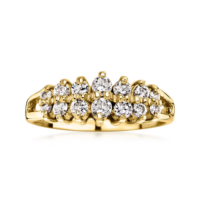 Vintage two-row diamond ring in 14kt yellow gold, round stones in prong settings