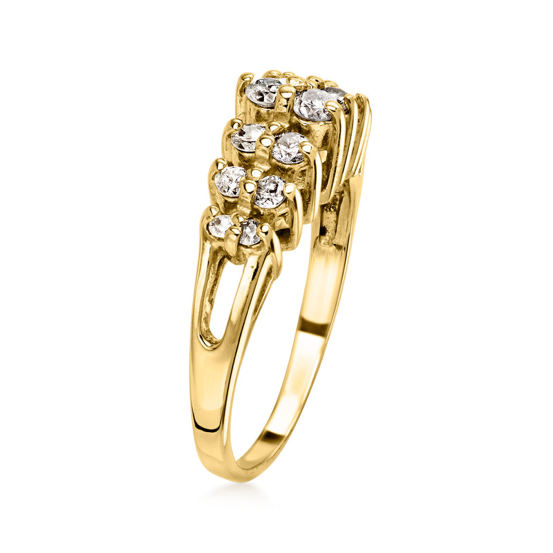Vintage two-row diamond ring in 14kt yellow gold, side view with prong-set round stones