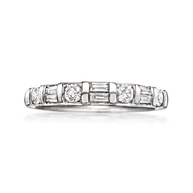 14kt white gold diamond ring with baguette-cut stones across the band