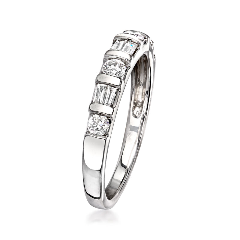 14kt white gold diamond ring with baguette-cut stones in an arched top setting