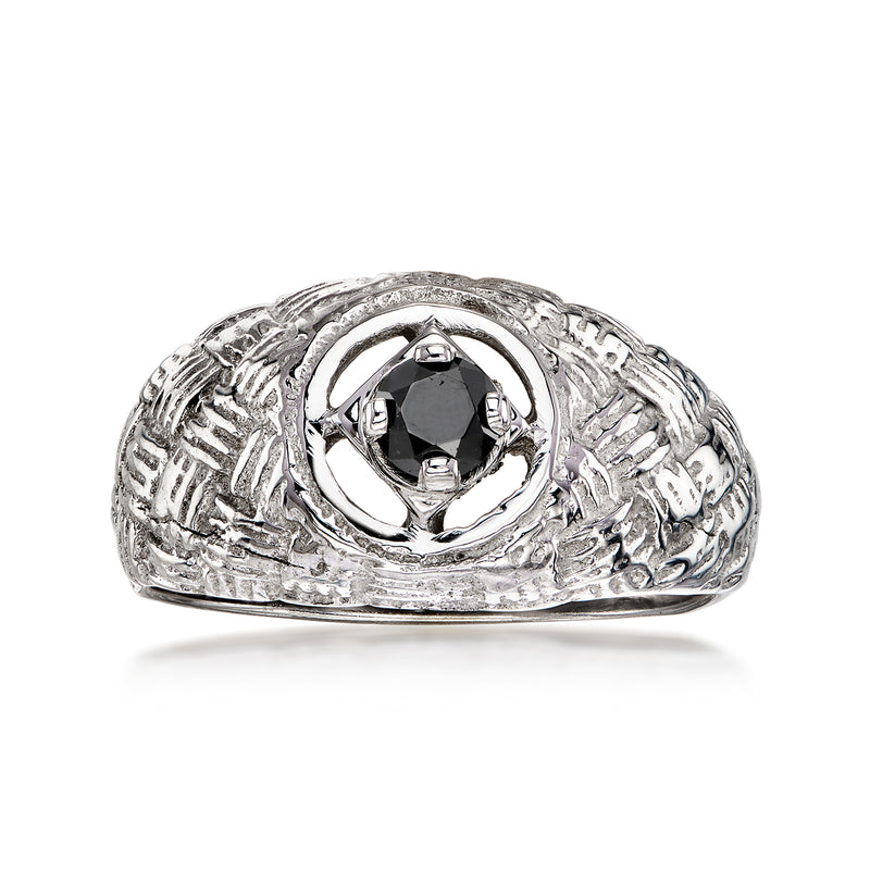 Vintage white gold ring with black diamond center and basketweave setting, wide band