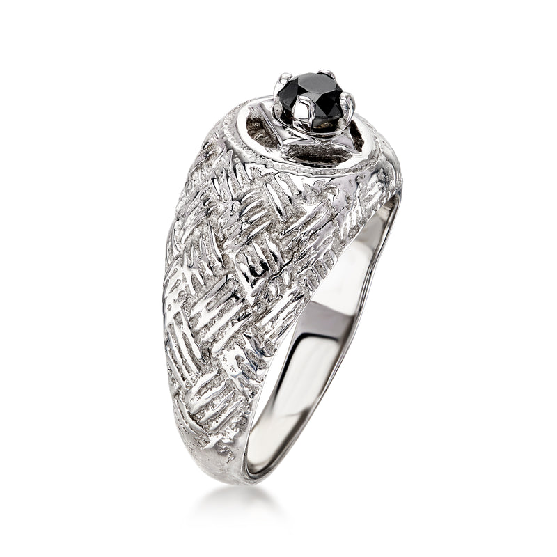 White gold basketweave ring with black diamond bezel, curved openwork shank