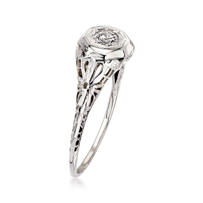 Vintage white gold diamond filigree ring, round center stone bezel, slender shank