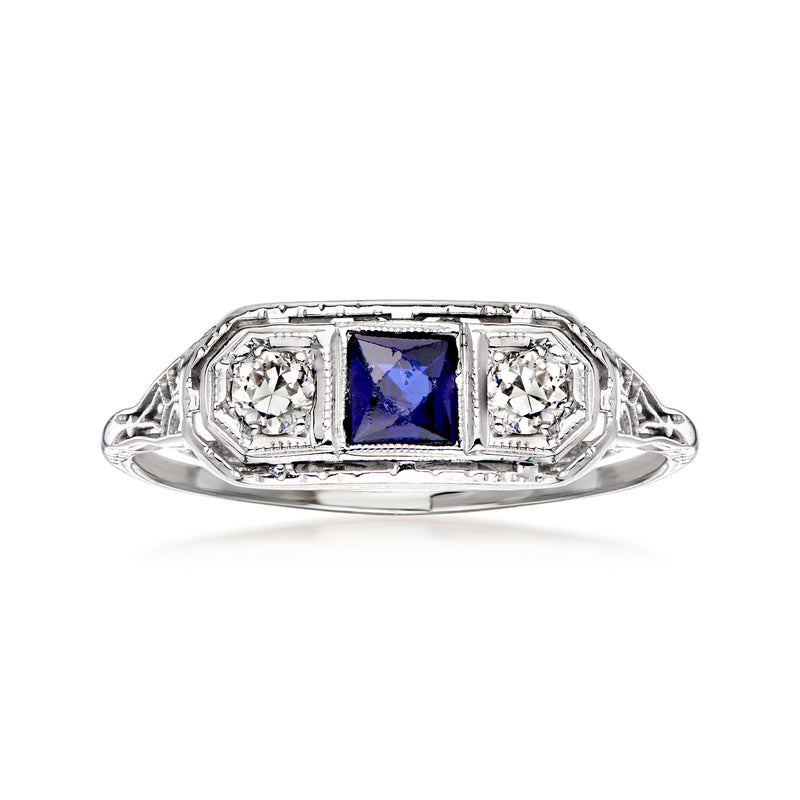 Vintage white gold sapphire and diamond ring with rectangular blue center stone