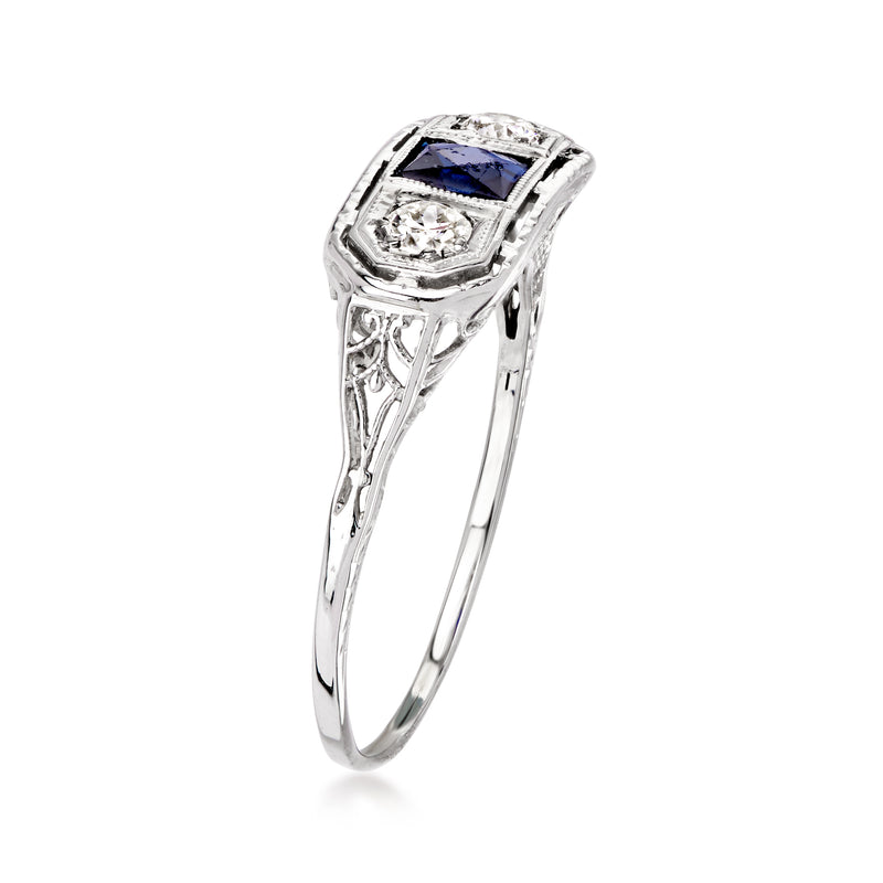 Vintage white gold ring with rectangular blue sapphire center and diamond accents