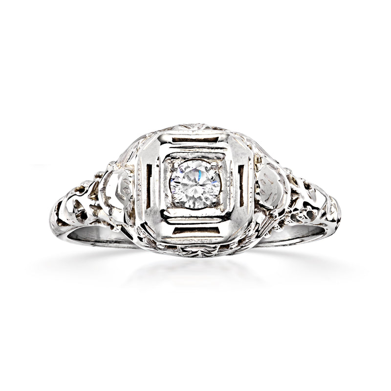 Vintage diamond filigree ring, 18kt white gold, square center stone, ornate bezel