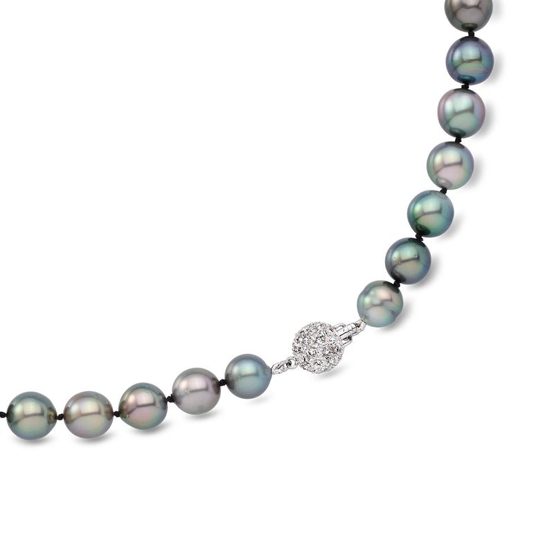 Black cultured pearl necklace close-up with diamond clasp and round bead pearls