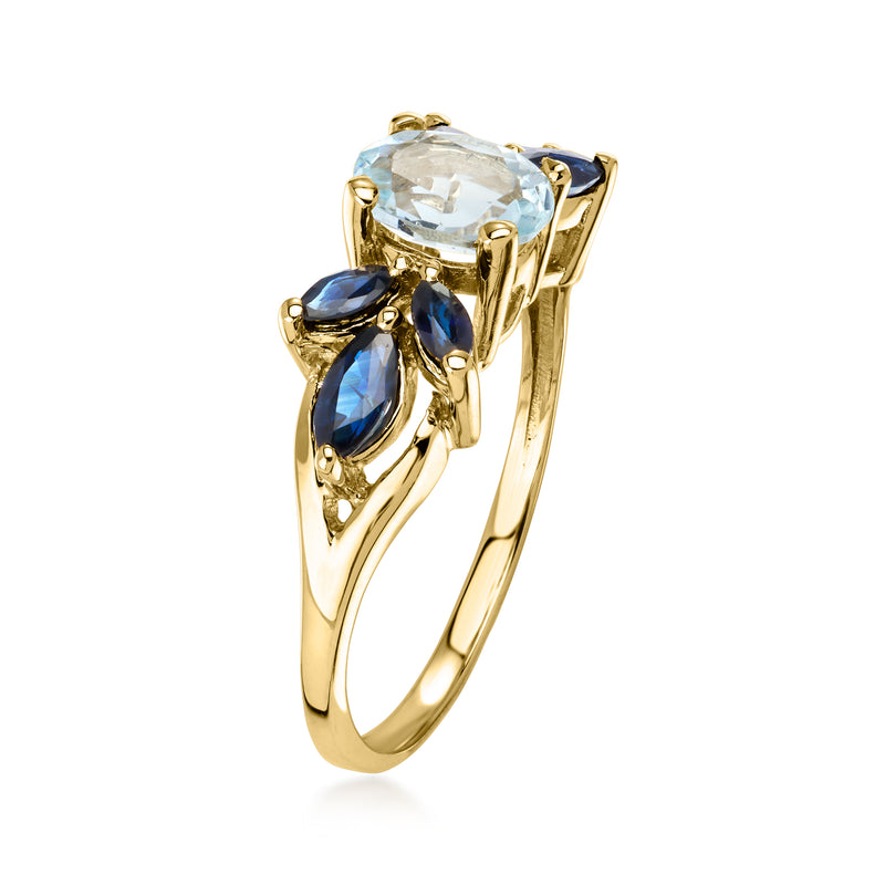 14kt yellow gold ring, square prong-set aquamarine with blue sapphire accents