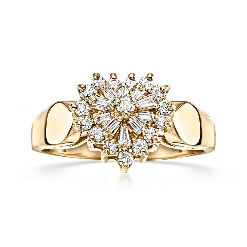 Heart cluster diamond ring in 14kt yellow gold with round and baguette stones
