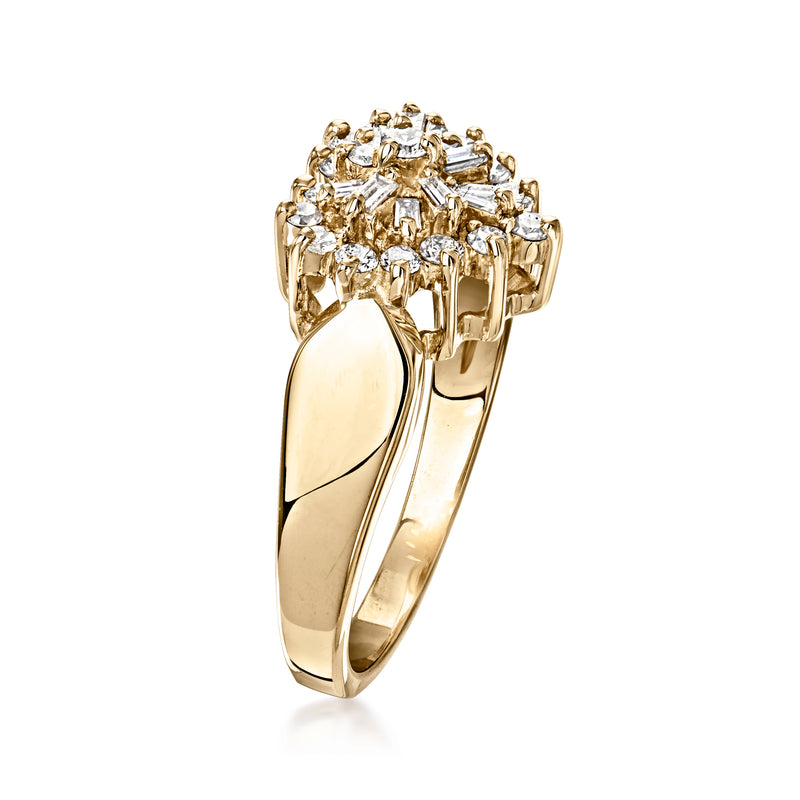 14kt yellow gold diamond heart cluster ring, side view with raised prong setting