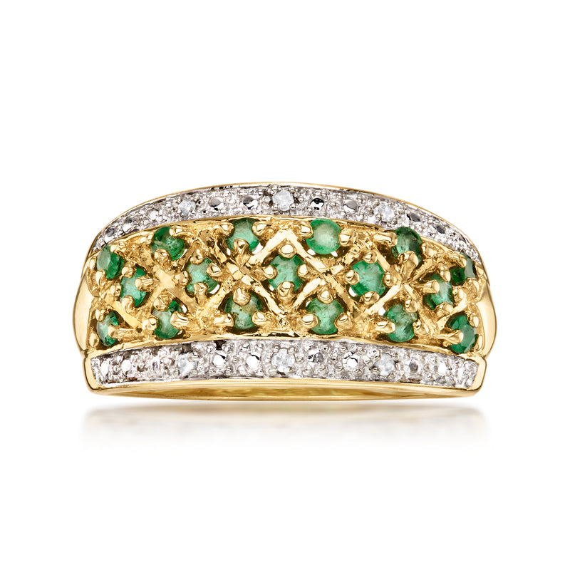 Vintage two-tone gold emerald and diamond dome ring with textured gold center