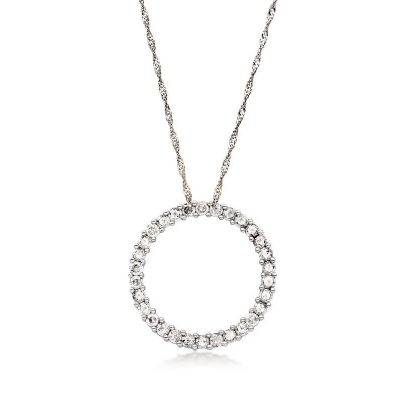 Vintage diamond eternity circle pendant necklace, white gold chain with round halo pendant