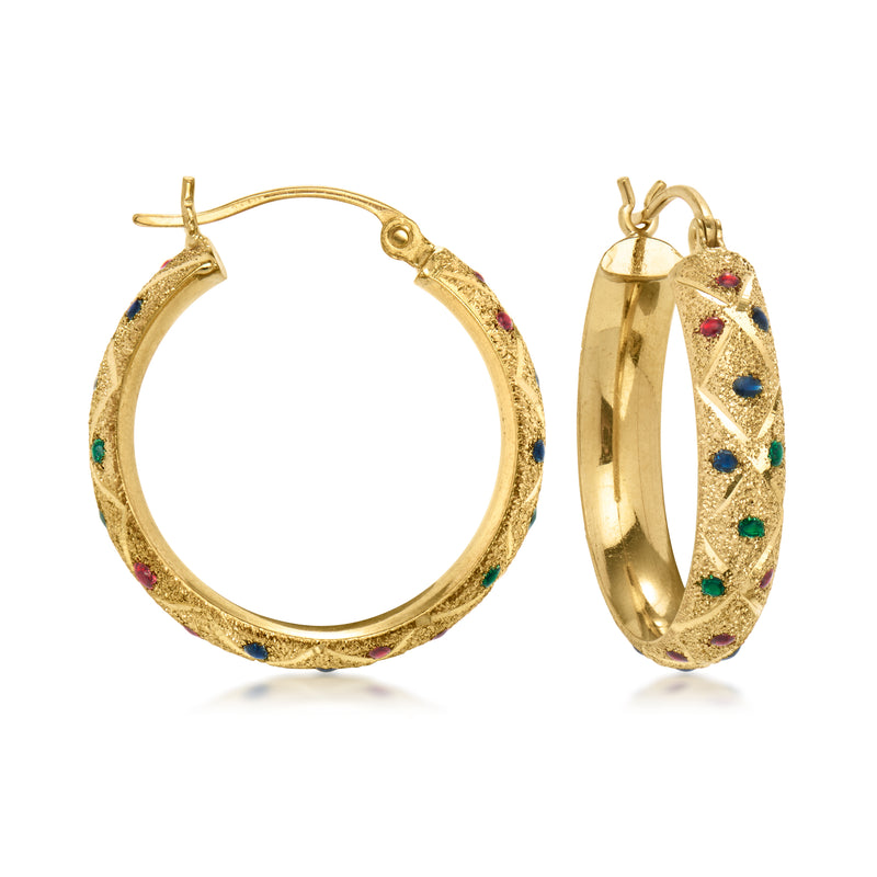 Yellow gold hoop earrings with multicolored glass inlaid, hinged clasp detail