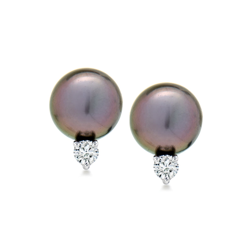 Cultured black pearl stud earrings with diamond teardrop accents in white gold