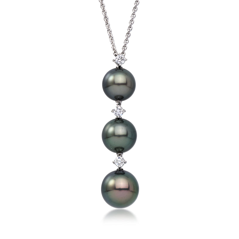 Cultured black pearl drop necklace with three round pearls and small diamond accents