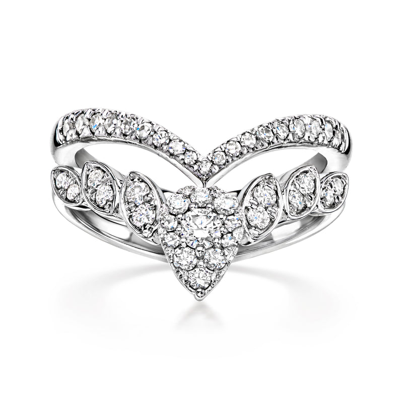 Sterling silver double-cheveron diamond ring with marquise and round-cut stones