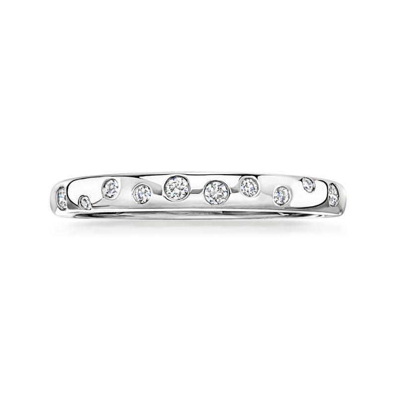 Sterling silver diamond ring with scattered round lab-grown stones across the band