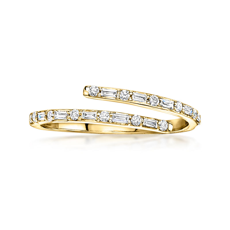 10kt yellow gold bypass ring with baguette and round lab-grown diamond accents