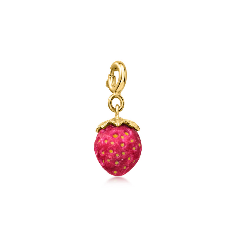 Gold strawberry charm with red enamel and yellow spots, hanging from loop bail