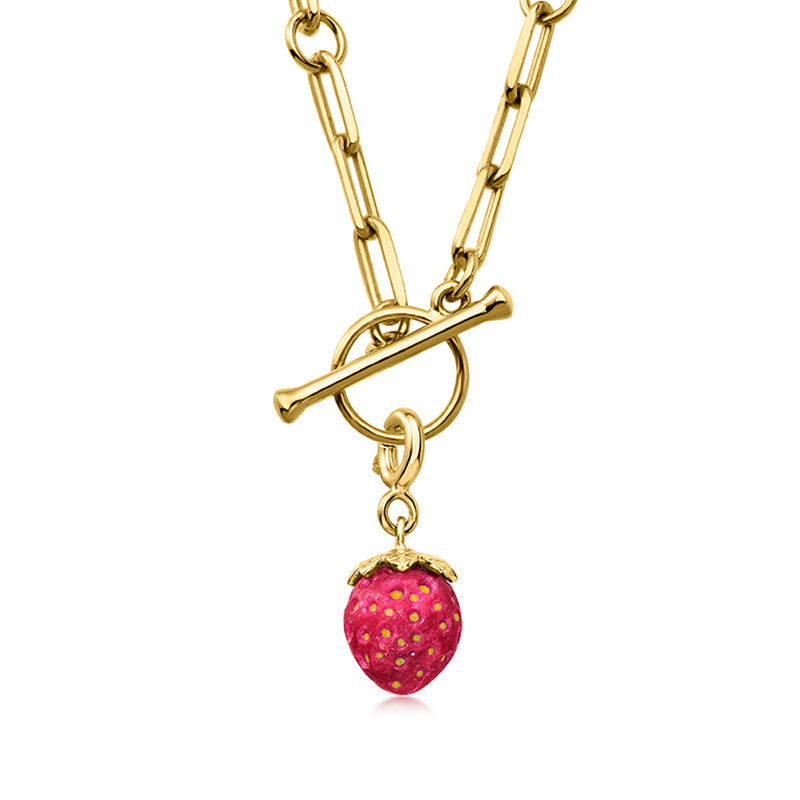 Gold strawberry charm with red enamel berry and yellow spots on chain