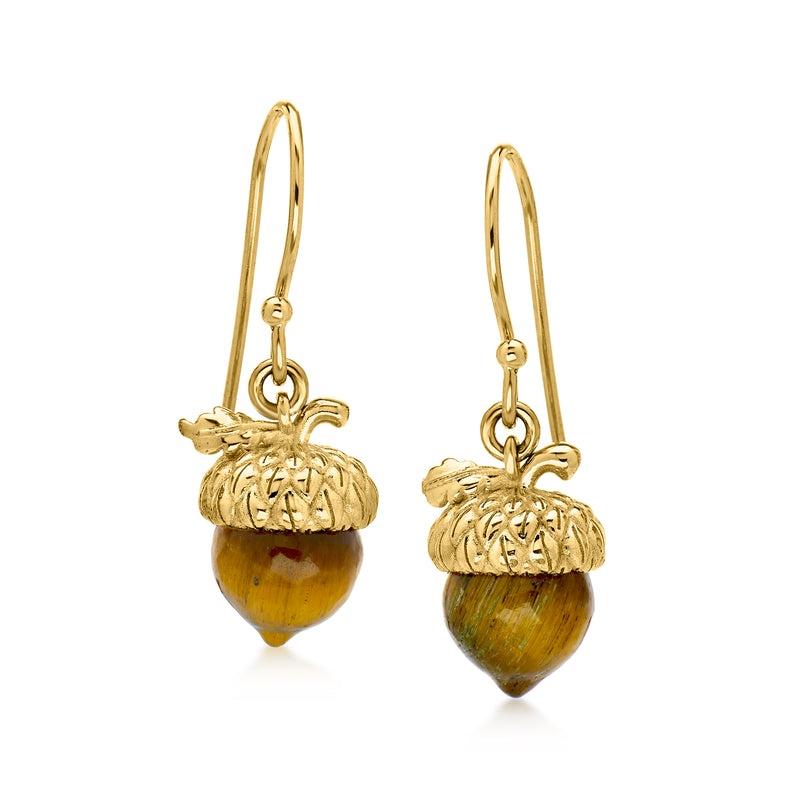 Tiger Eye Acorn Drop Earrings in 18kt Gold Over Sterling