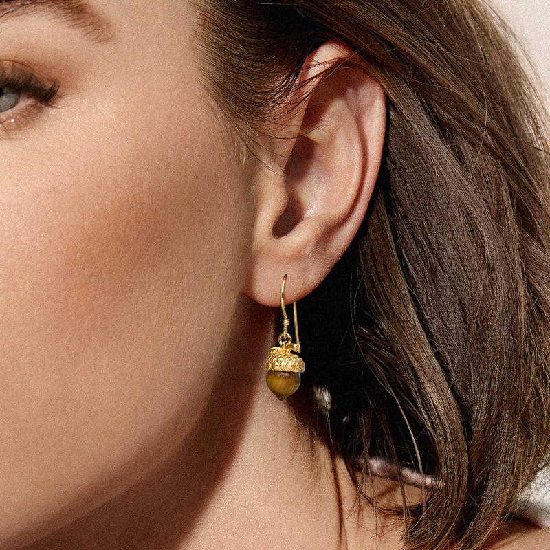 Tiger Eye Acorn Drop Earrings in 18kt Gold Over Sterling