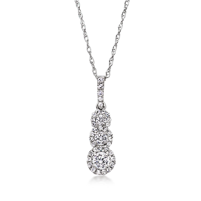 Lab-grown diamond triple-halo pendant necklace in 10kt white gold, round halos