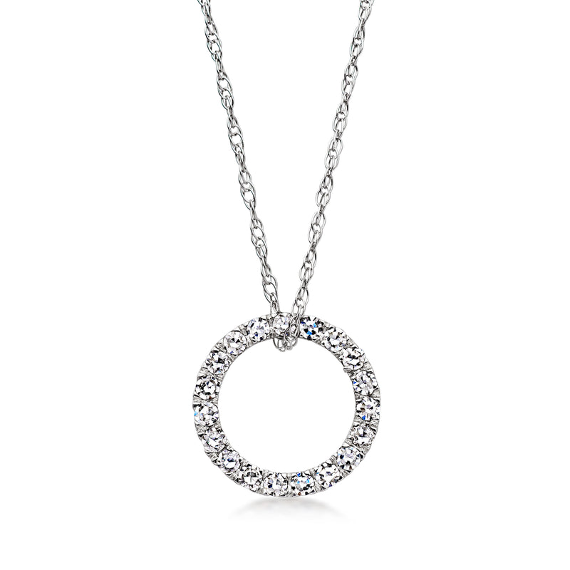 Diamond eternity circle pendant necklace with round link chain, white gold