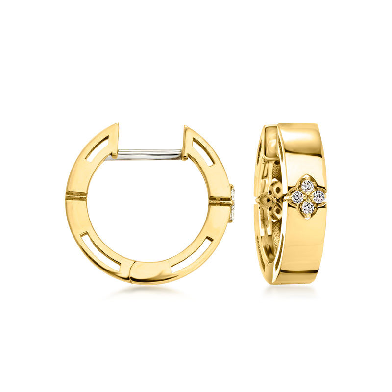 18kt yellow gold hoop earrings with diamond inlay, hinged clasp view