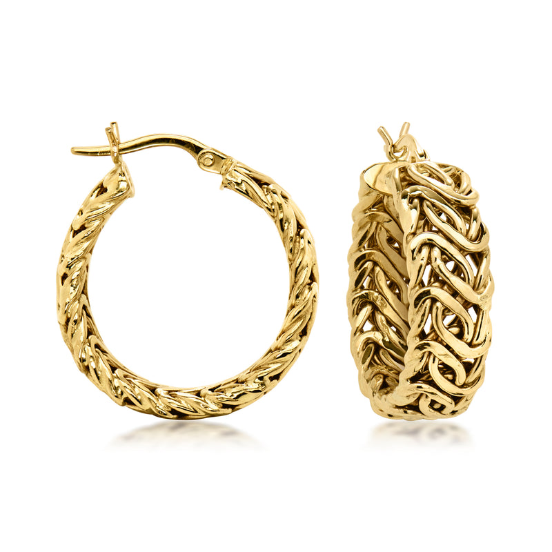 18kt yellow gold Byzantine hoop earrings with textured braided oval design