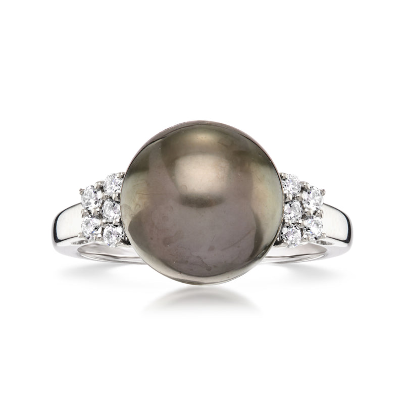 Cultured dark pearl ring with diamond cluster shoulders, silver-toned band