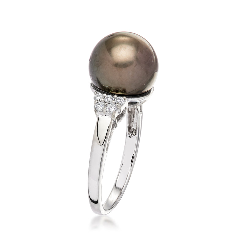 Cultured dark pearl ring with prong-set diamonds and tapered silver-toned band