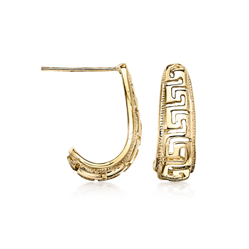 Curved 14kt yellow gold Greek key hoop post earrings, vintage-style pattern