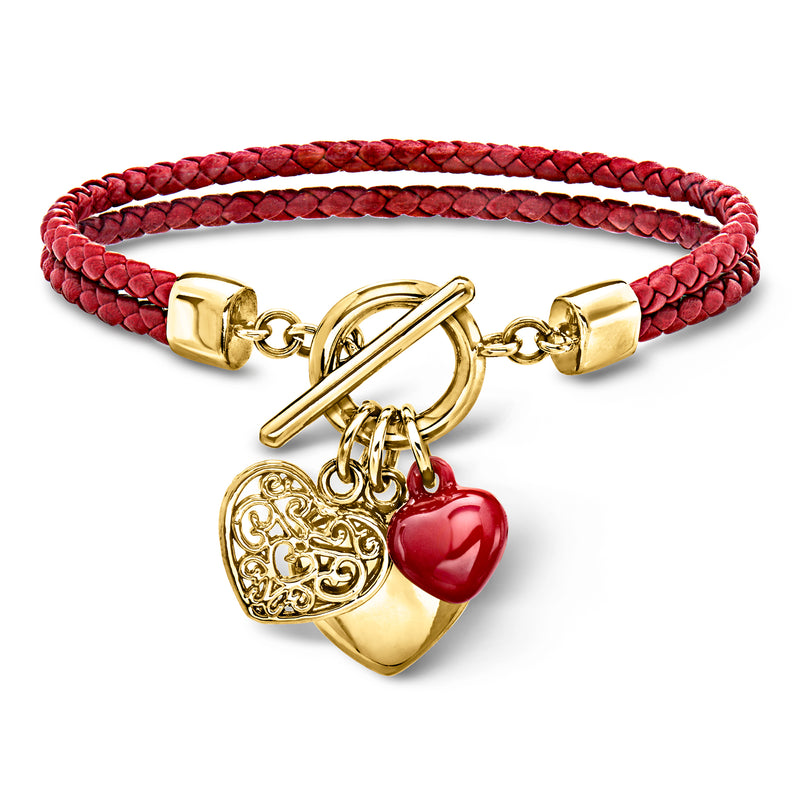 Italian 14kt Yellow Gold-Plated Multi-Heart Charm Toggle Bracelet with Braided Red Leather Cord