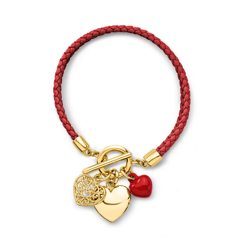 Red braided leather charm toggle bracelet with gold-tone heart and heart-shaped clasp