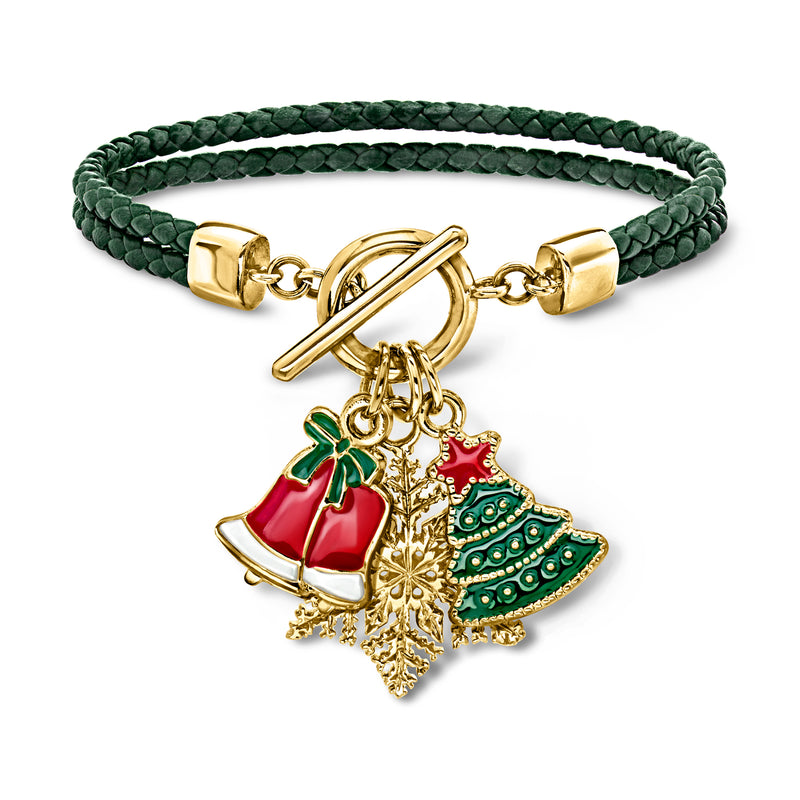 Braided green leather charm toggle bracelet with gold-tone holiday pendants and clasp