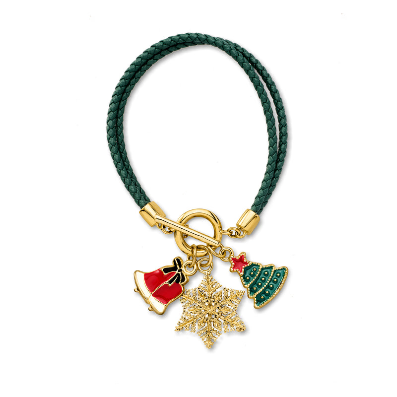 Braided green leather toggle bracelet with gold-tone holiday star and tree charms