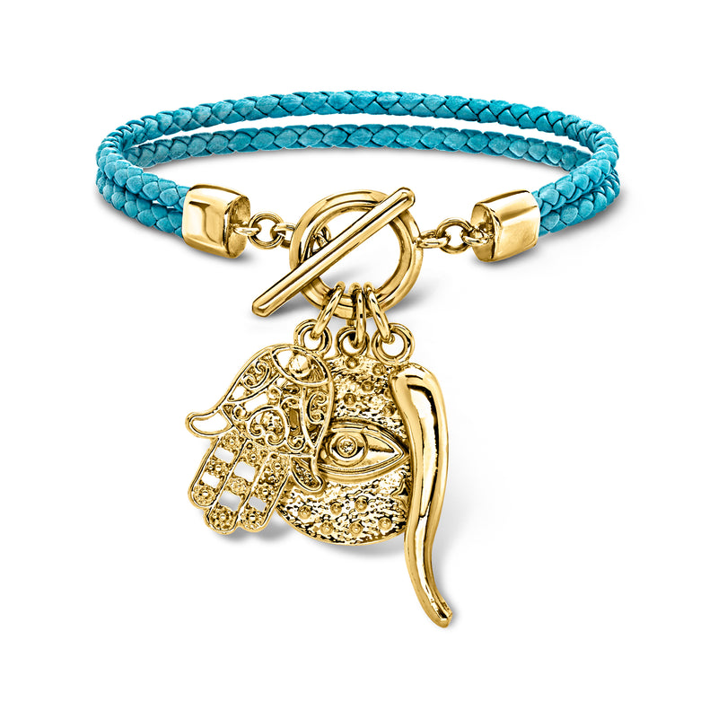 Gold-plated charm toggle bracelet with braided blue leather cord and hamsa/eye pendant