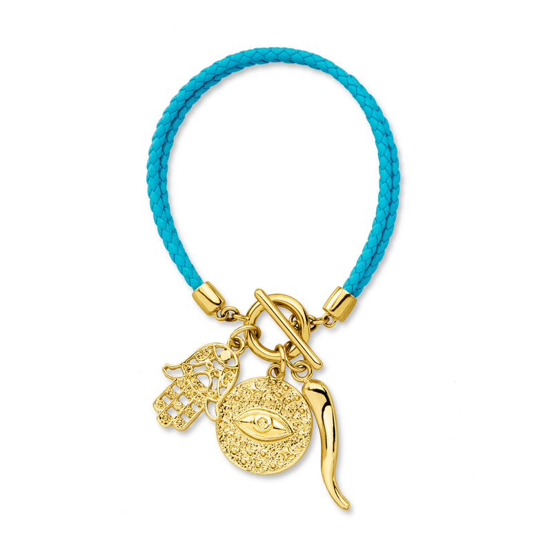 Gold-plated toggle charm bracelet with braided blue cord and hamsa hand/eye charm