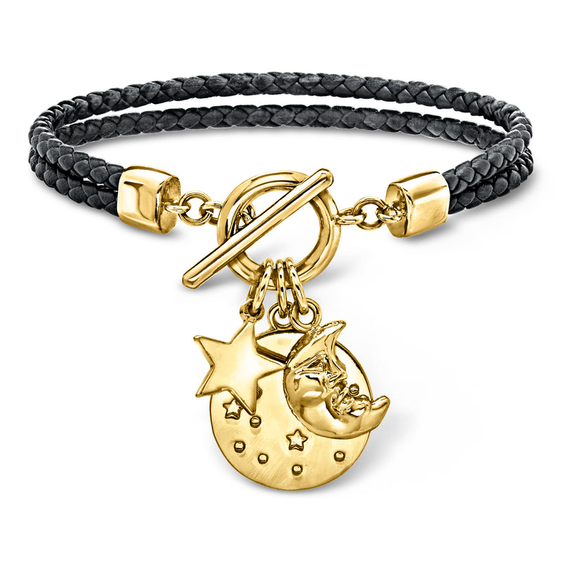 Braided black leather toggle bracelet with gold celestial moon and star charm
