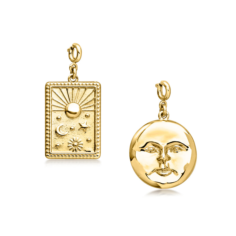 Gold celestial charm pair with square sun/star and round moon-face dangle