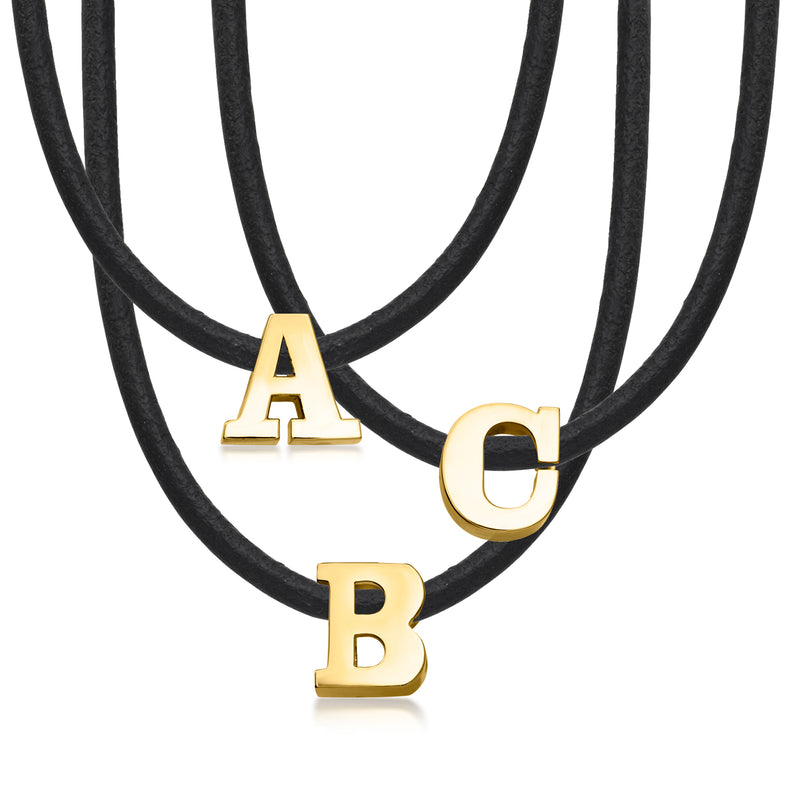 Initial necklace with black leather cord and 18kt gold over sterling letter A
