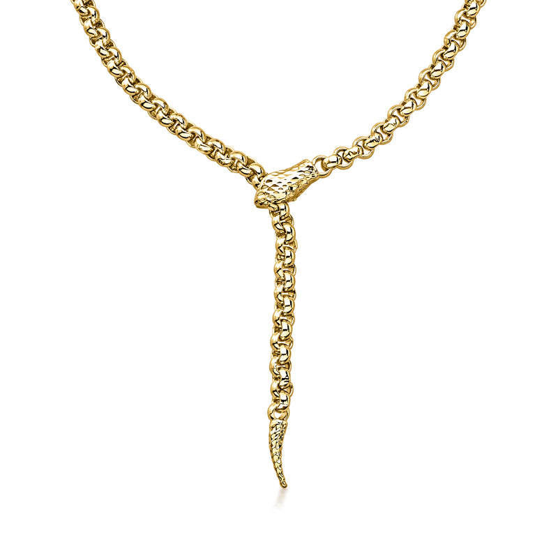 Gold rolo-link chain necklace with long adjustable snake drop
