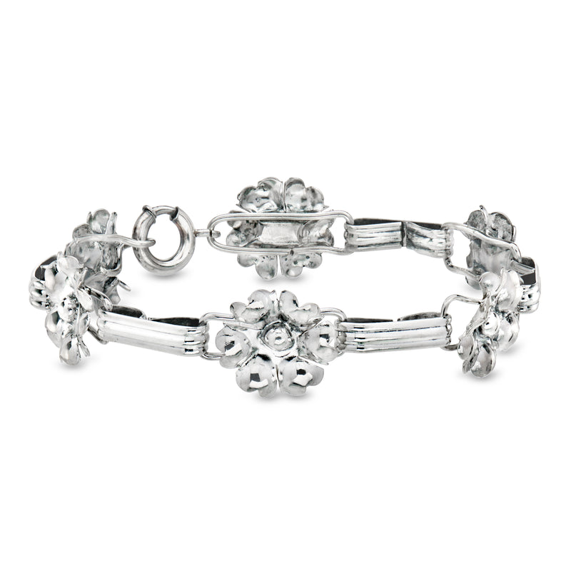 Vintage sterling silver floral link bracelet with oval chain and round flower charms