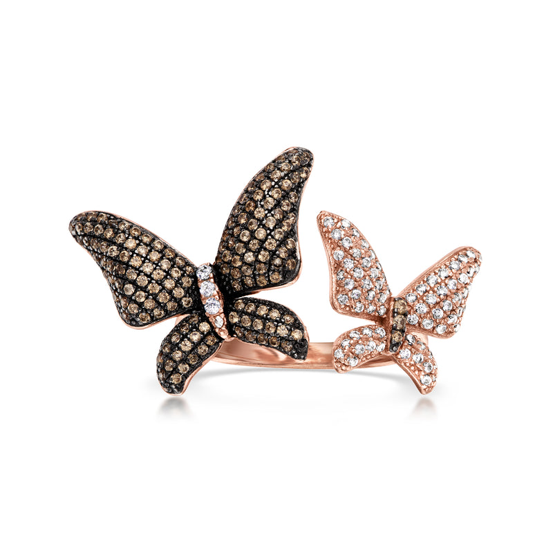 Rose gold butterfly ring with brown and white CZ stones