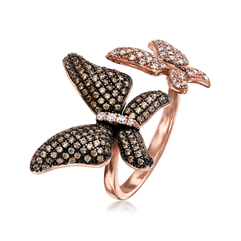 Butterfly ring in rose gold over sterling with brown and white CZ stones
