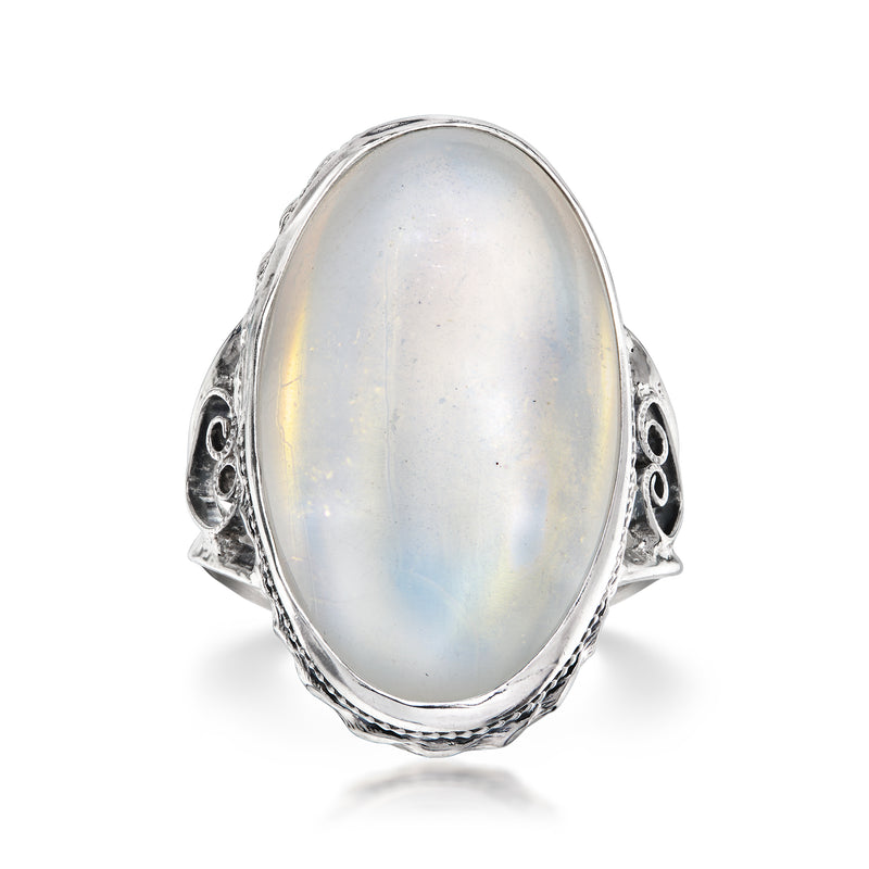 Oval moonstone ring in sterling silver with ornate side cutouts