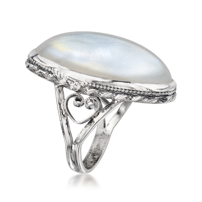 Sterling silver ring with oval moonstone cabochon and braided rope setting