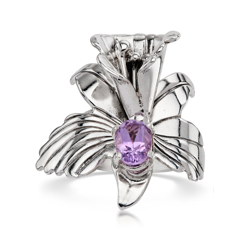Sterling silver flower ring with round amethyst center stone and leaf details